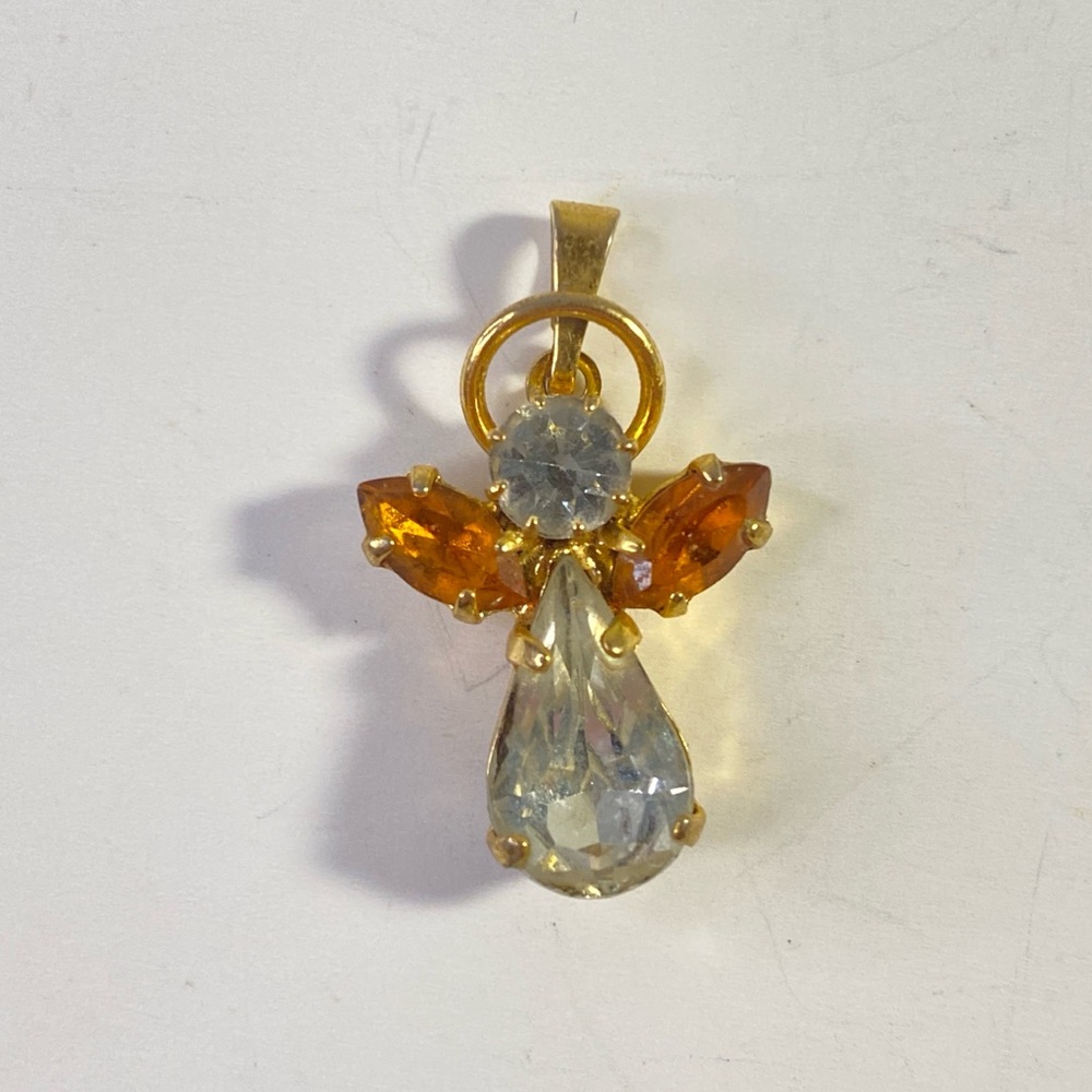 Vintage Glass Stone Angel Pendant Gold Tone